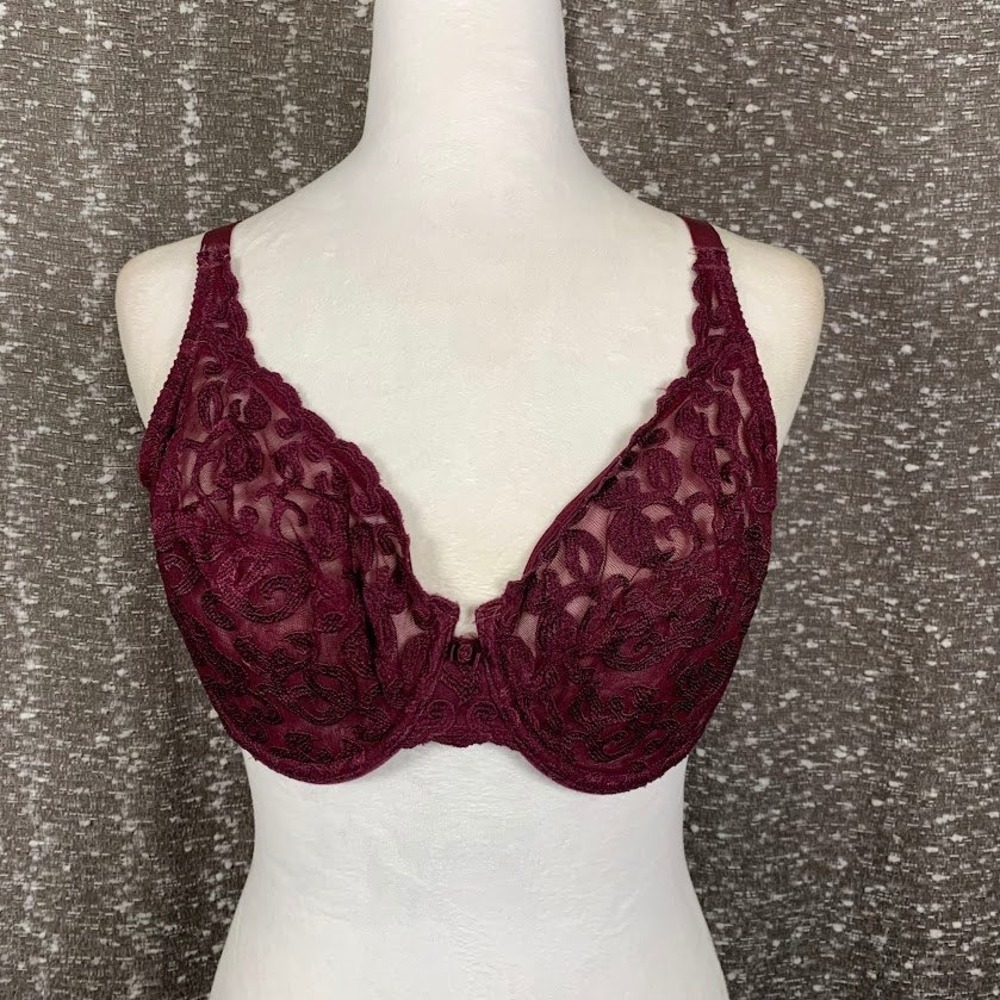 Wacoal Arabesque Underwire Bra Unlined Floral Lace Burgundy Women's 38D
